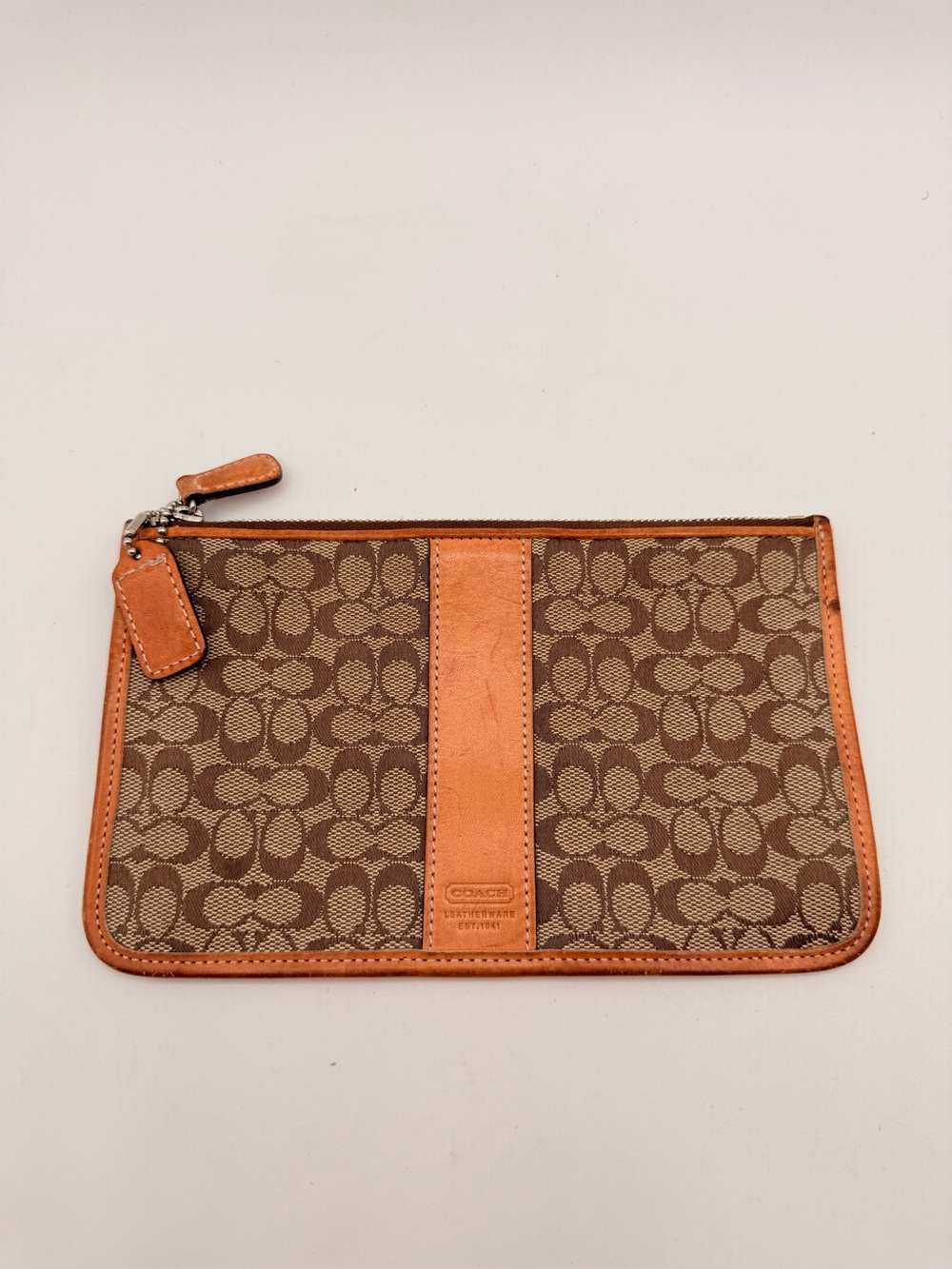 COACH Signature Slim Zip Wallet Brown Canvas Leather Trim Flat Pouch